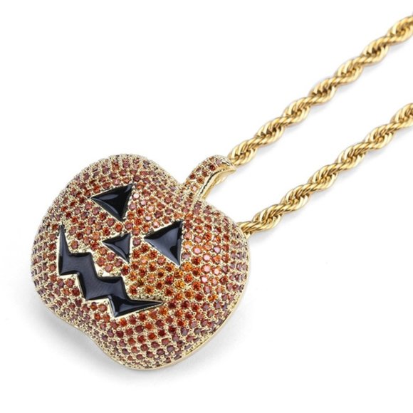 Pumpkin Jack O'Lantern Halloween Necklace, Pendant Sparkle, Autumn Fall Jewelry - Picture 2 of 7